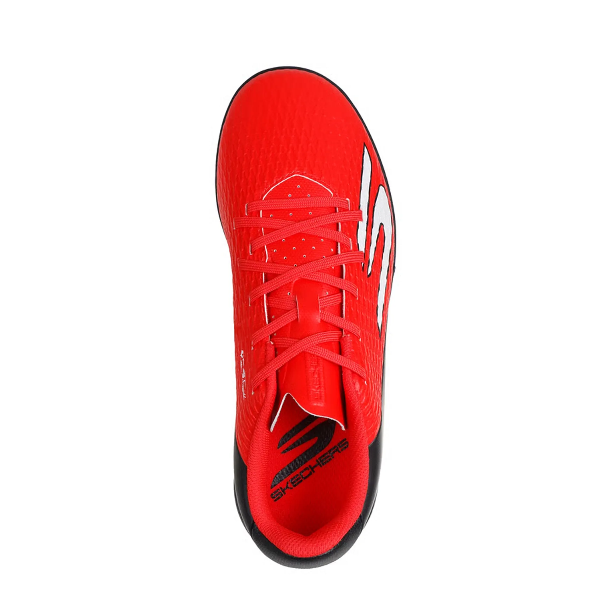 Vista traseira da chuteira indoor juvenil Skechers vermelho e preto